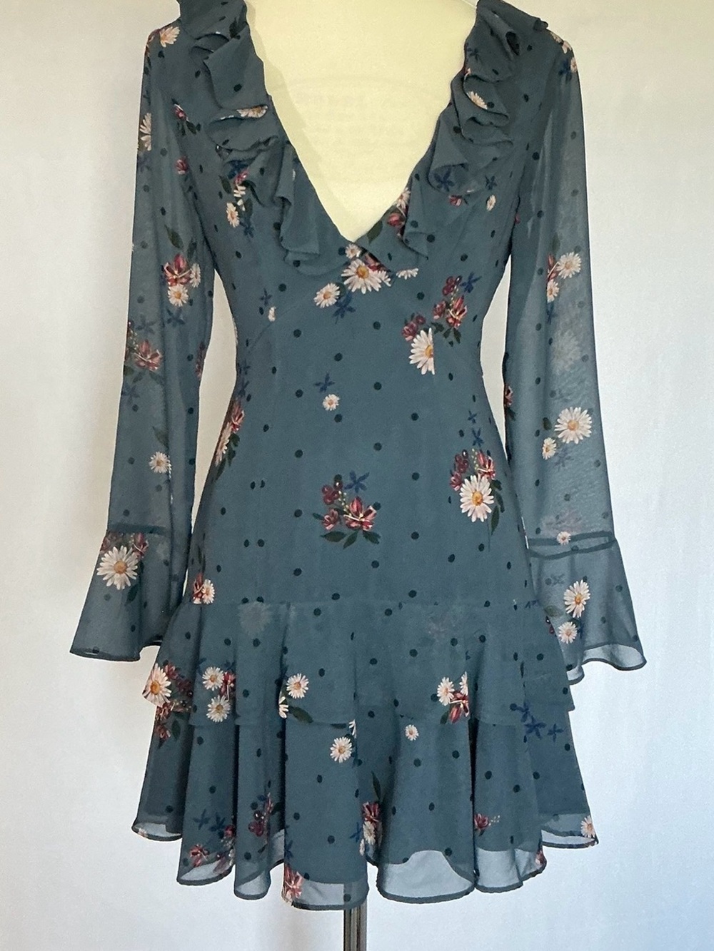 Keepsake Blue Teal Floral Polka Dot Ruffle Bell Sleeve Dress Small